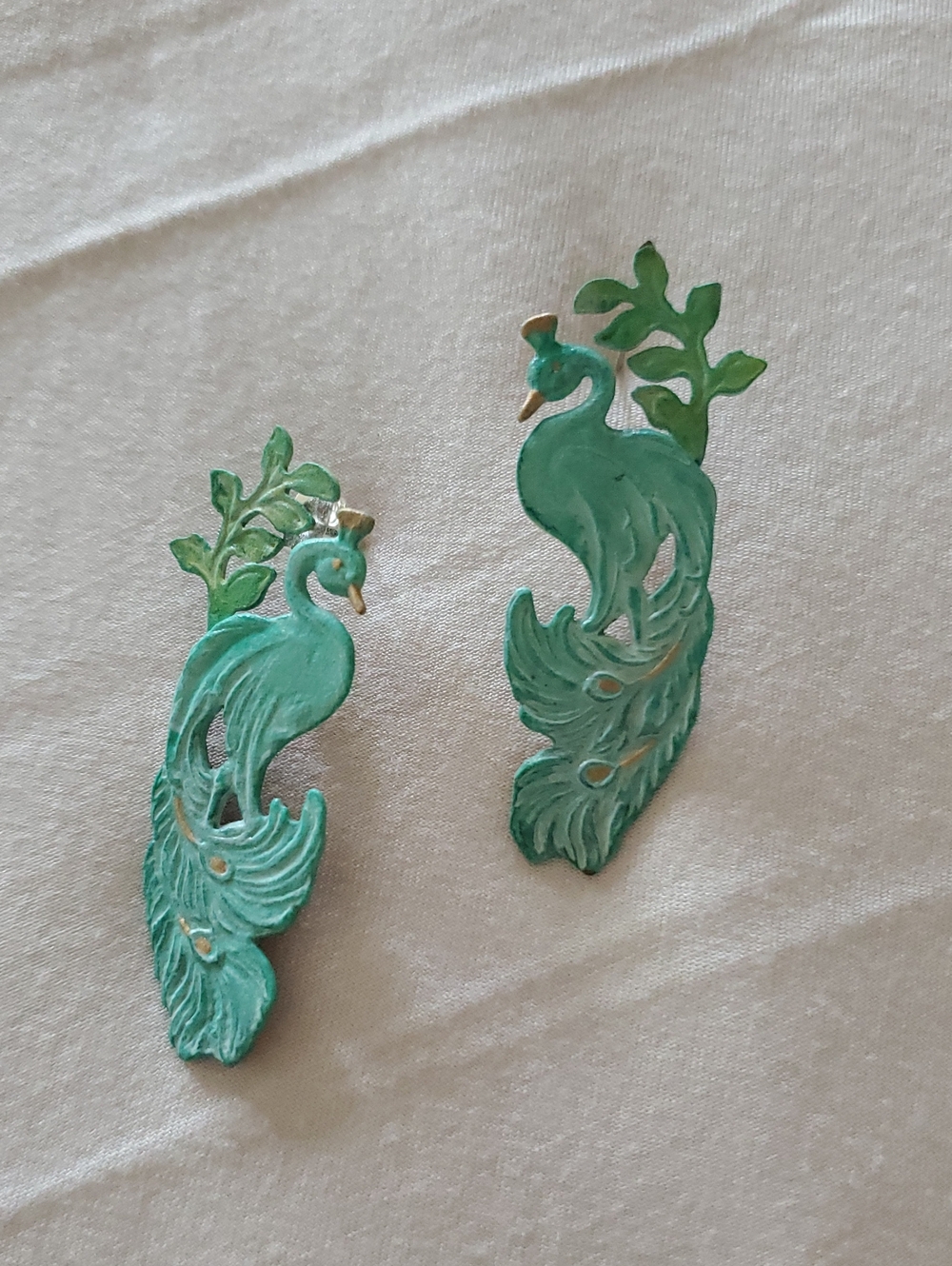 Handcrafted Brass Green Peacock Drop Earrings - Women's Statement Jewelry